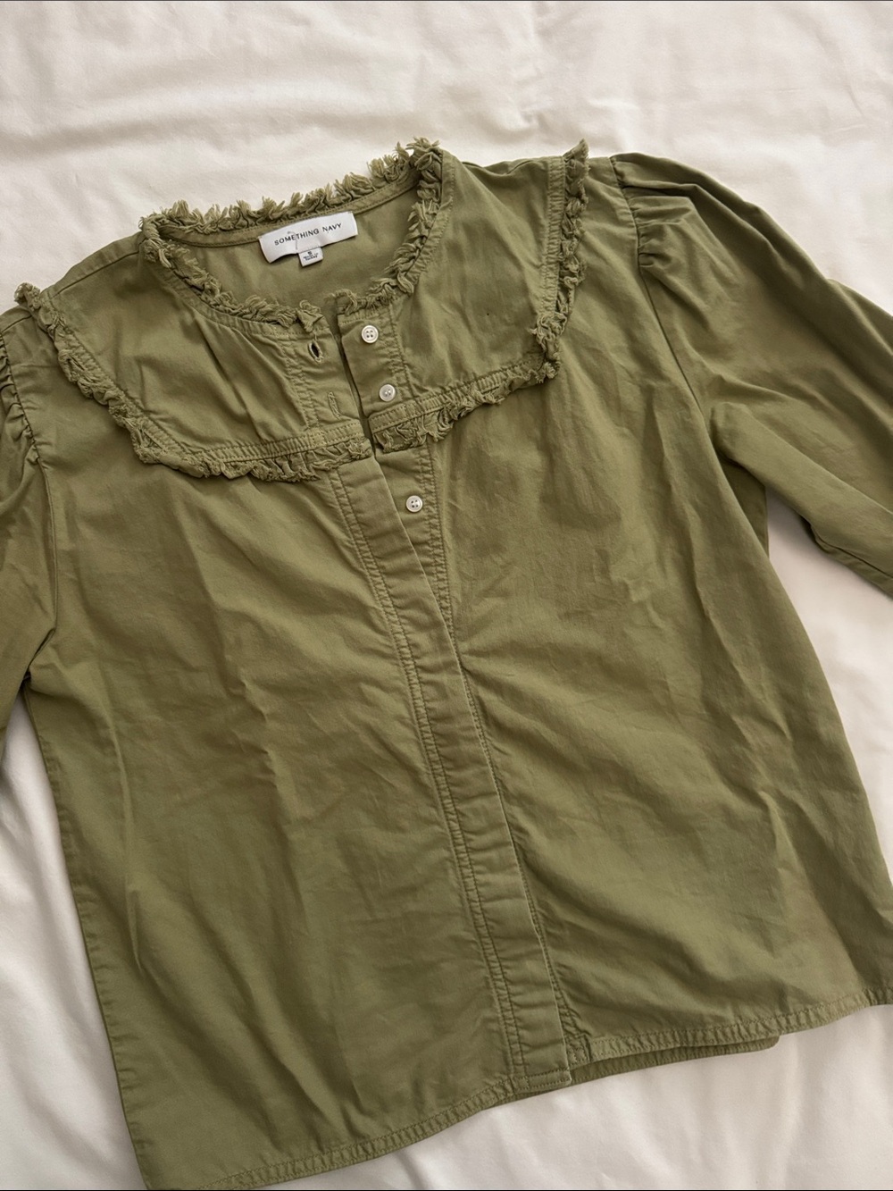 Something Navy Olive Green Ruffle Yoke Button Blouse